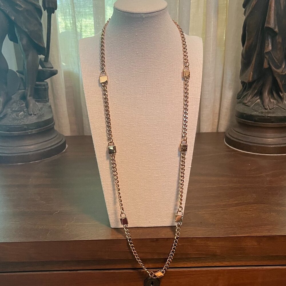 Michael Kors Stainless Steal w/ Gold Tone Padlock Chain Toggle 32" Necklace